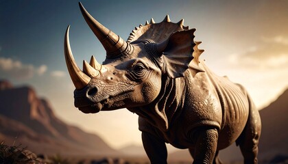 Fototapeta premium Majestic Ceratopsian Dinosaur Roaming in an Ancient, Sun-Kissed Landscape Setting