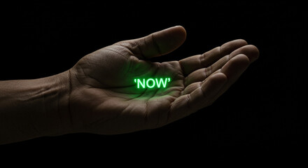 Hand holding glowing text "NOW" against dark background  