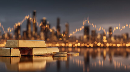 Fototapeta premium Golden Investments: A close-up shot of stacked gold bars and coins set against a blurred cityscape, the scene is enhanced with financial graphs and market trends that emphasize wealth and prosperity.