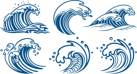 Water Splash Vector Set – 6 Blue Splash and Wave Icons