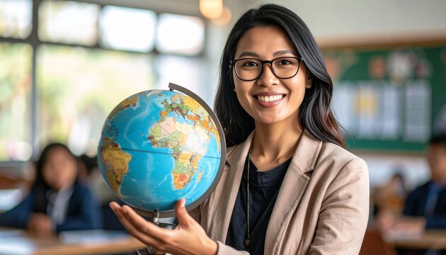 Enthusiastic teacher presenting a globe in a classroom environment imparting geography knowledge