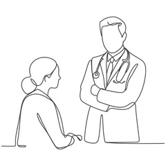 Minimalist line drawing of medical consultation with doctor and patient in clean continuous black lines isolated on white background