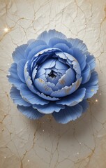 Fototapeta premium Detailed blue peony flower with gold accents on a marbled background blue flower floral