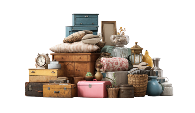 A tall stack of diverse vintage-style items.  Various antique-inspired boxes, chests,  pillows,  lamps,  vases,  and decorative objects are piled high