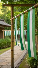 Japanese garden path with green and white curtains at a shrine entrance walkway view