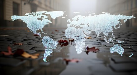 Close-up of a digital world map with pulsating data points