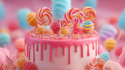 A whimsical cake is adorned with colorful candies, evoking a sense of joy and childlike wonder.