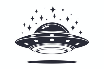 Retro UFO with Engraved Design, Black and White, Isolated on White Background