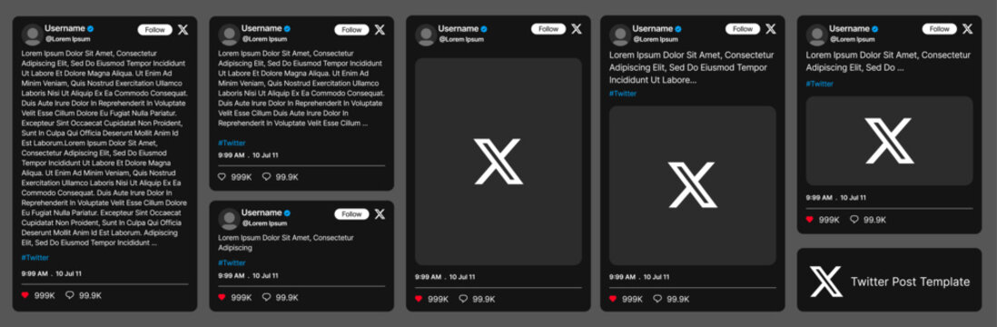 Twitter / X post mockup template in dark mode, including posts with images and posts without images, editable smartphone mockup with front view, modern social media interface