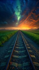 Fototapeta premium Train tracks leading to a dramatic sunset and stormy sky