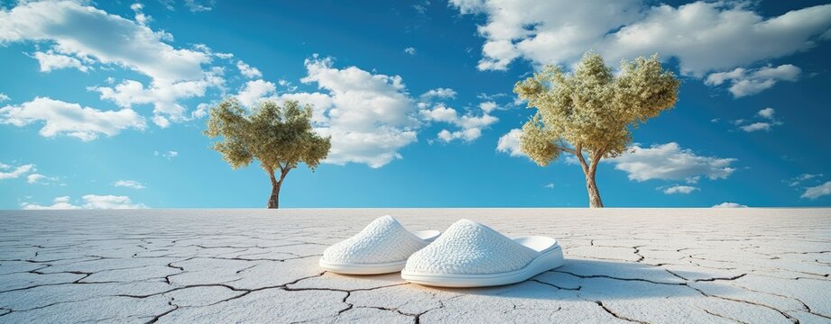 White slippers on cracked desert landscape under a blue sky