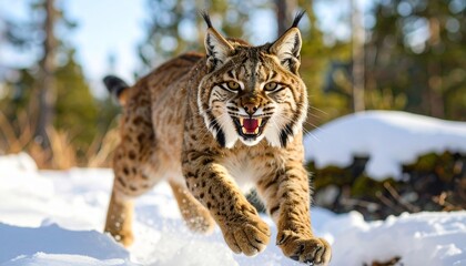 Fototapeta premium Wildcat Ambush: Ferocious Predator Pounces in a Snowy Winter Forest Setting