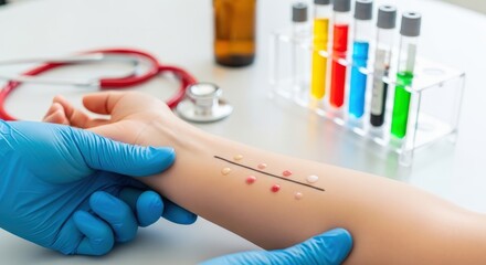 Medical professional performing skin prick allergy test on a patient's arm in a clinic.