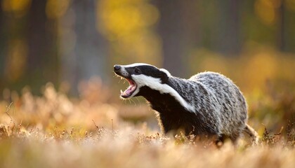 Honey badger with an open mouth, displaying aggression in golden light habitat