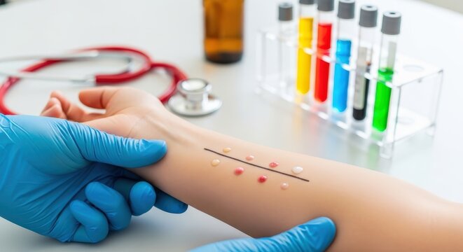 Medical professional performing skin prick allergy test on a patient's arm in a clinic. - Powered by Adobe