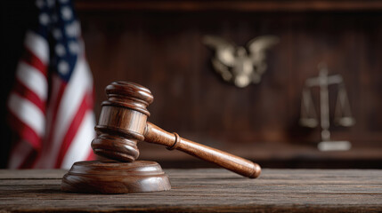Wooden judges gavel rests on desk in courtroom, symbolizing justice and authority, with American flag in background