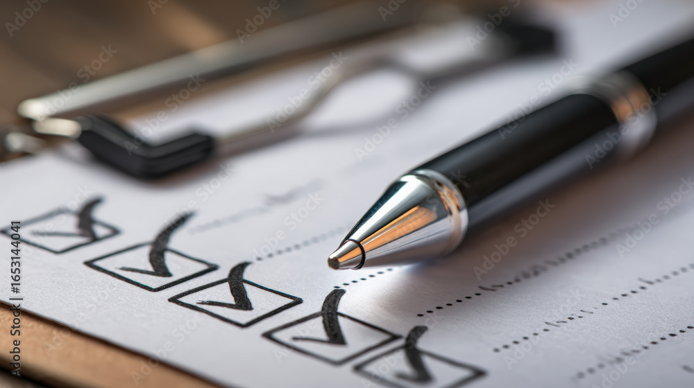 Poster close up of checklist with checkmarks and pen resting on clipboard, symbolizing organization and pro