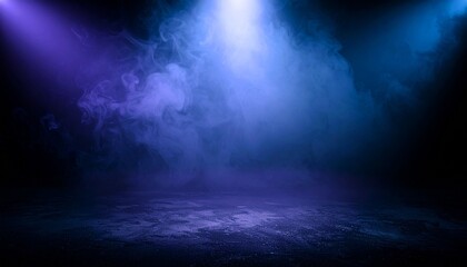 Naklejka premium Dramatic Blue and Purple Spotlights Illuminating Swirling Smoke on Dark Textured Ground