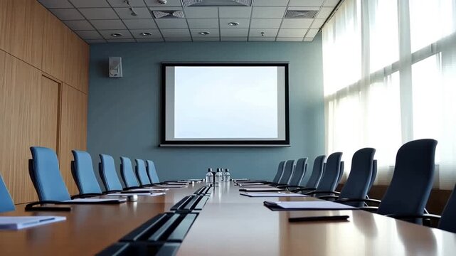 Empty Conference Room with Projector Screen and Chairs