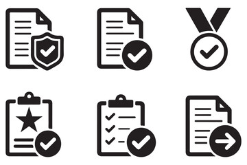 Checklist Document Icon Set &ndash; Verified File, Approved Report, Certified Badge, Completed Task Symbol