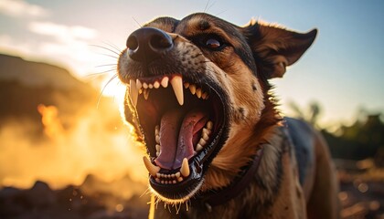 Intense portrait of a dog displaying aggression with bared teeth and snarling expression