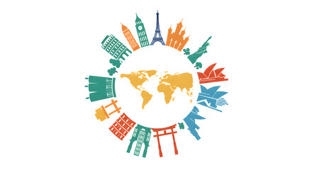 Vector illustration concept for global travel and tourism featuring a world map encircled by famous international landmarks and monuments