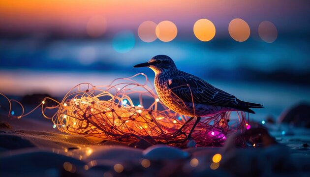 Abstract Avian Ensnared, A Bird's Struggle with Plastic Pollution on a Beach