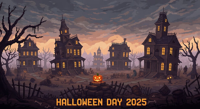 Pixel art halloween scene with haunted houses and jack-o"-lantern, halloween day 2025
