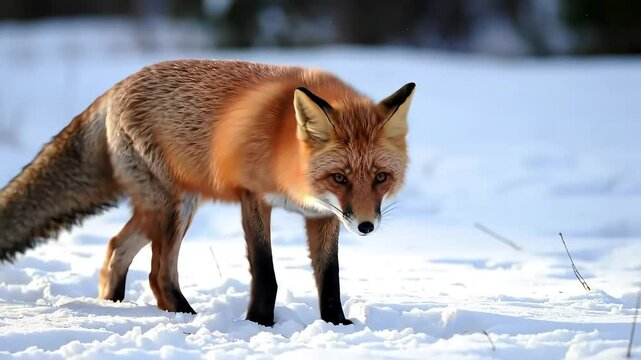 Red fox winter snow field hunt
