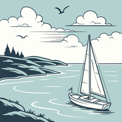 Peaceful Sailboat Journey Through Scenic Lake with Forest Coastline