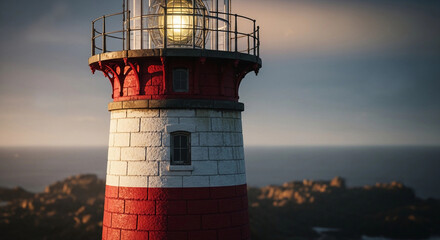 Lighthouse beacon at sunset, coastal rocks, maritime safety, with copy space