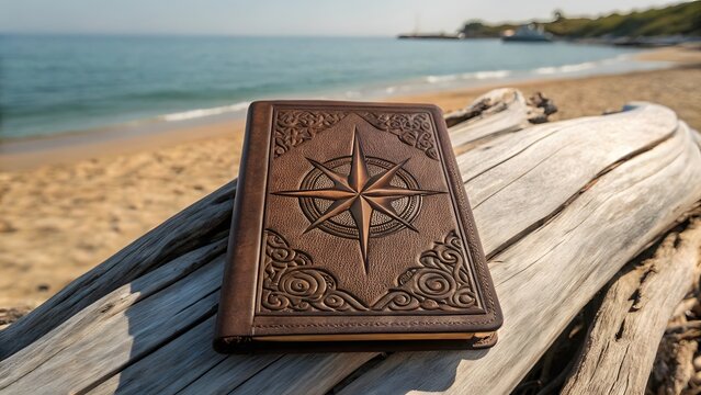 Vintage leather journal with compass rose on beach driftwood travel adventure book