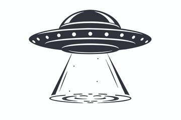 UFO Alien Spaceship with Beam of Light on White Background, Minimalist Style