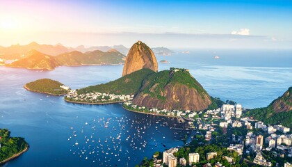 Breathtaking Rio de Janeiro aerial view featuring Sugarloaf Mountain at sunrise
