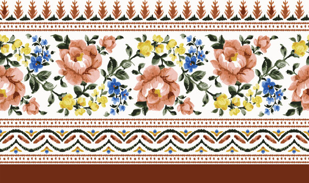 ethnic seamless pattern floral border design. paisley seamless flower border. watercolor flower art for saree border. botanical flower vector illustration.