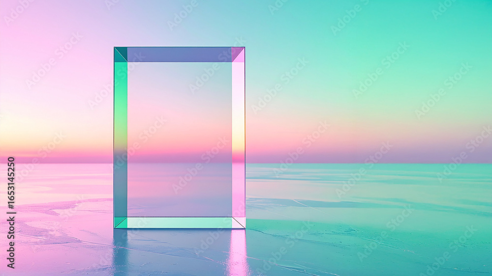 Poster a visually striking and serene scene featuring a clear, empty rectangular glass frame standing on a 