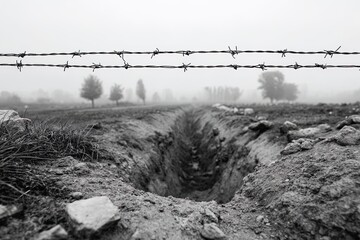 Monochrome landscape featuring a trench with barbed wire in the foreground and trees in the distance under a foggy sky