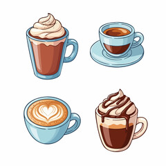 Vector SVG Illustration Set of Coffee Beverages with Whipped Topping and Latte Art in Modern Flat Style for Digital Design