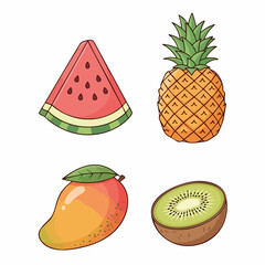 Vector SVG Illustration of Fruit Set with Watermelon Pineapple Mango and Kiwi in Modern Flat Style Bright Colors