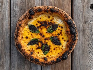 Authentic Neapolitan pizza with charred crust, golden cheese, and fresh basil leaves served on rustic wooden table for traditional Italian style