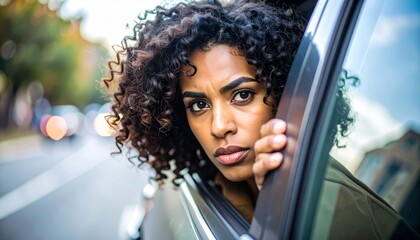 Concerned young woman looking out car window with worried expression on urban background