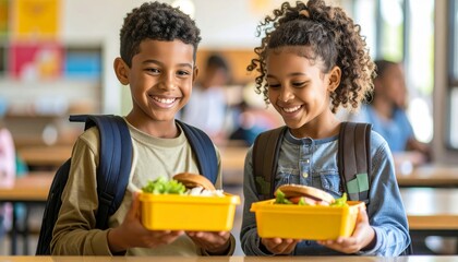 Smiling children comparing their lunches in a vibrant school cafeteria setting