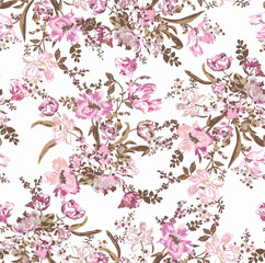 Seamless vector pattern with floral motif. hand drawn pink botanical small flower arrangements. vintage watercolor flower arrangements. repeat pattern. design for fabric, fashion print, textile.