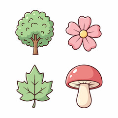 Minimalist Vector SVG Illustration of Nature Elements with Flat Design Style Featuring Tree Flower Leaf and Mushroom in Soft Pastel Colors