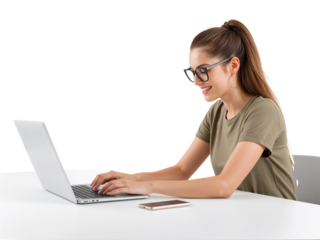 Focused young woman wearing glasses working on laptop against transparent backdrop