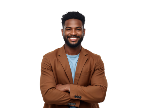 Confident young man in casual attire smiles, arms crossed against transparent space