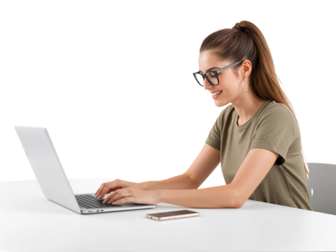 Focused young woman wearing glasses working on laptop against transparent backdrop