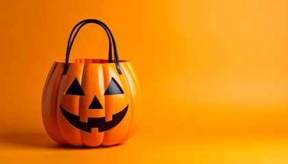 Orange jack-o'-lantern bucket on vibrant orange background for Halloween celebration