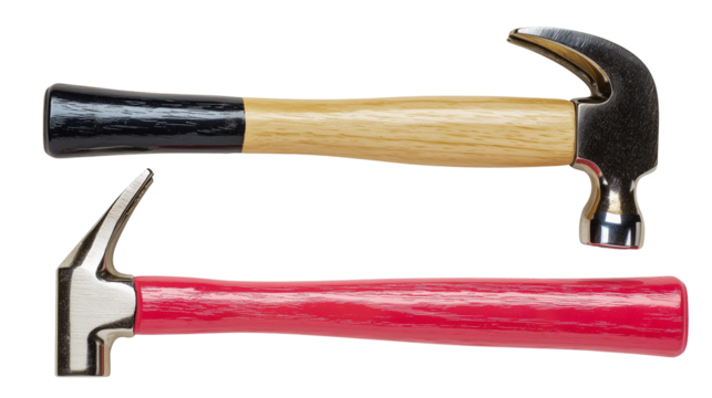 Two hammers with wooden and red handles