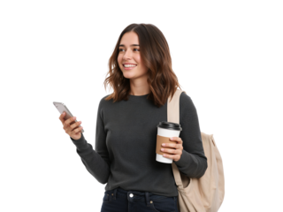 Smiling young woman enjoying coffee break while using her smartphone with transparent space